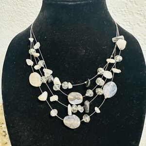 White and Gray Multi-Strand Necklace with Beads and Disc Elements
